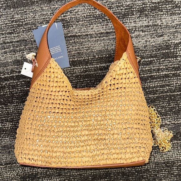 A.New Day Handbags - Woven Straw Shoulder Bag with Brown Leather Trim